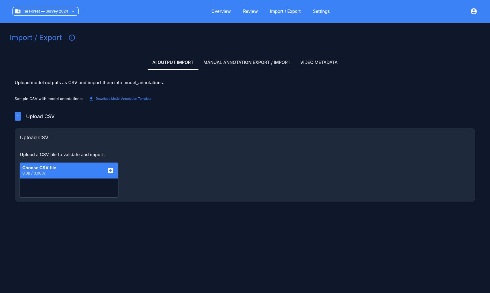 The Import / Export page with the AI output import tab selected