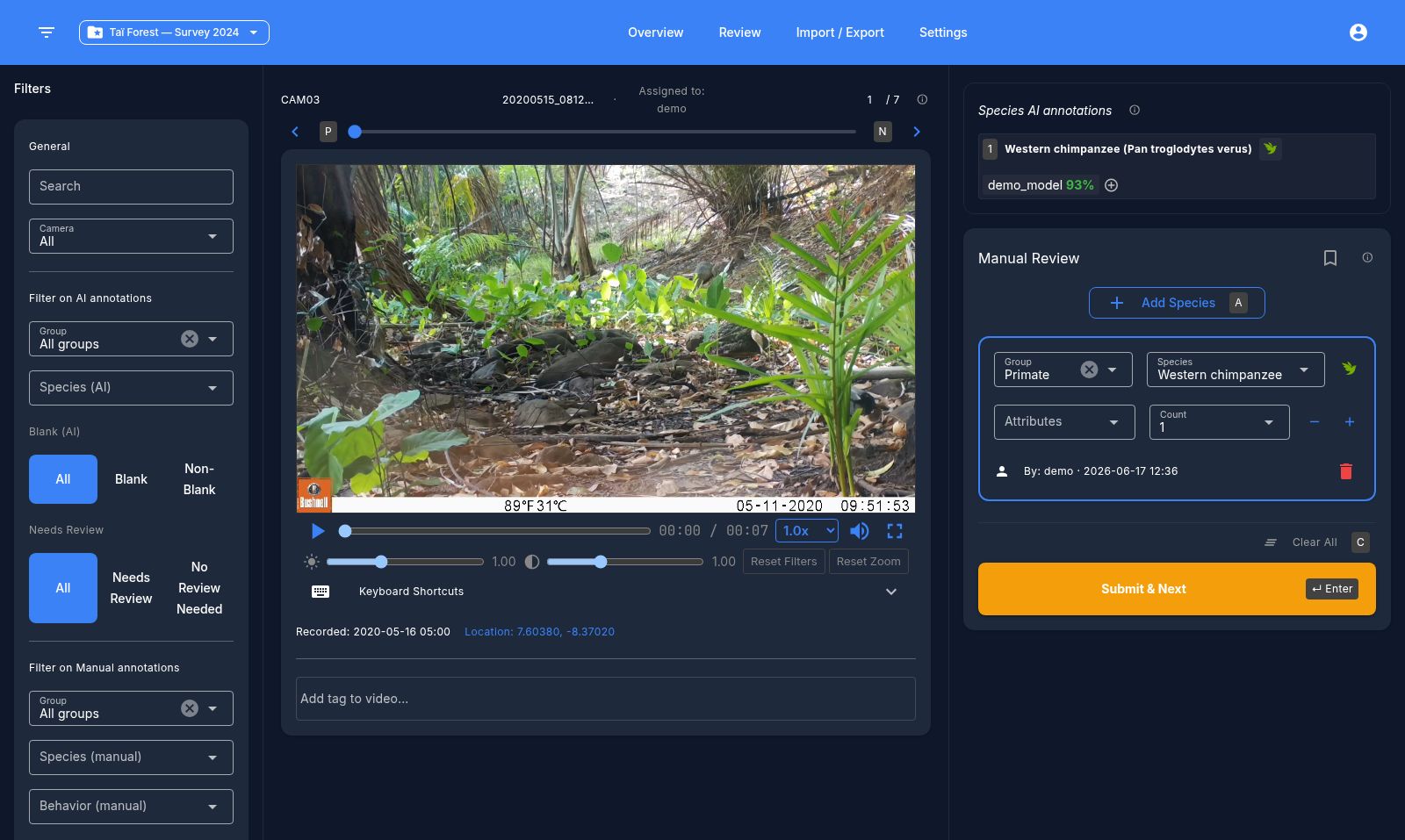 The review screen: filters drawer, video player, AI predictions and the manual annotation panel
